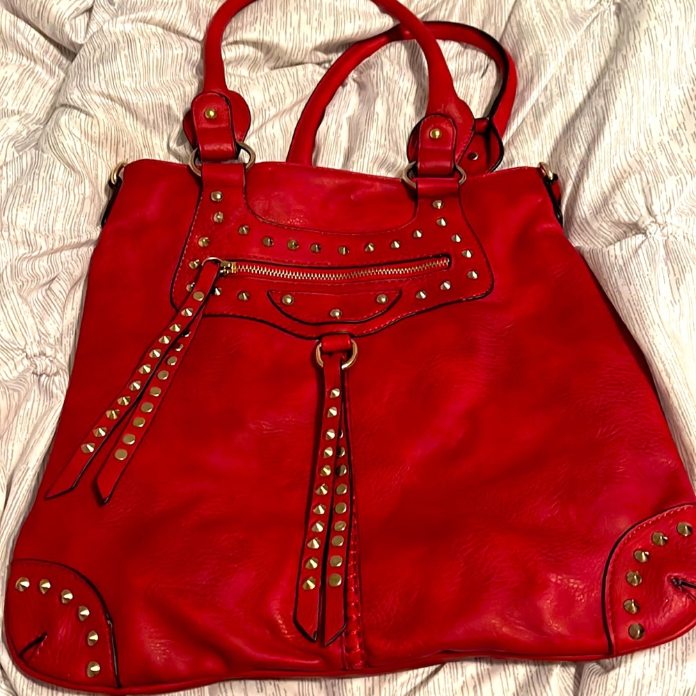 Beautiful woman’s red purse with gold embellishments. 14” x 14.5” EUC